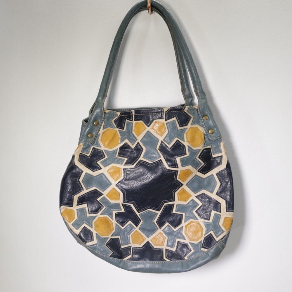 Stamp 10 Handbag Women M Purse Blue Yellow Abstract Lined Shoulder Bag
